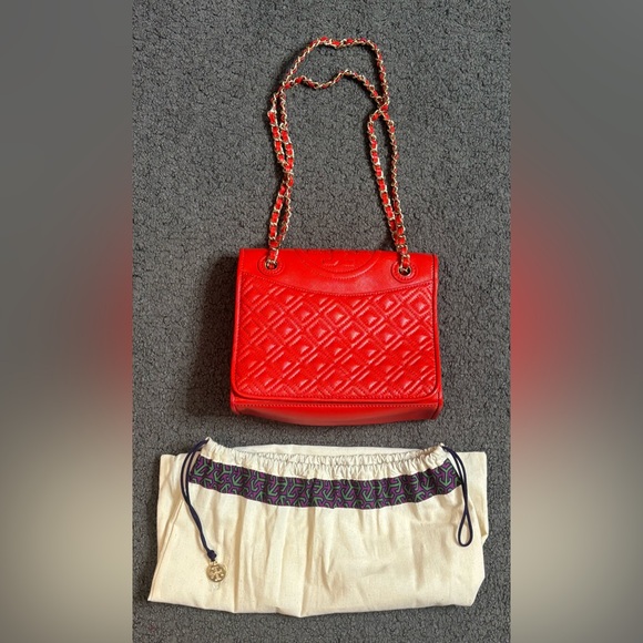 Tory Burch Fleming Red Chain Quilted Diamond Leather Purse Boho 9” x 7.5” x 3”